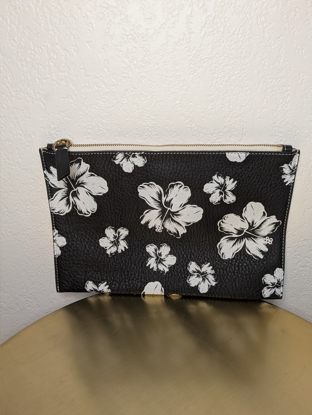 J.Crew Pebbled Leather Hibiscus Floral Clutch Pouch Black White
